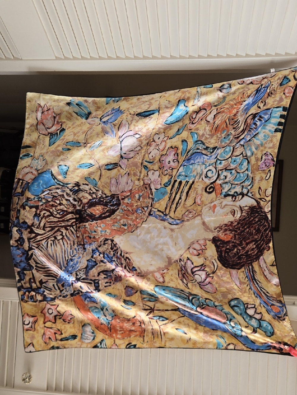 Artistic Floral Satin Feeling Square Scarf in Yellow, Blue and Pink